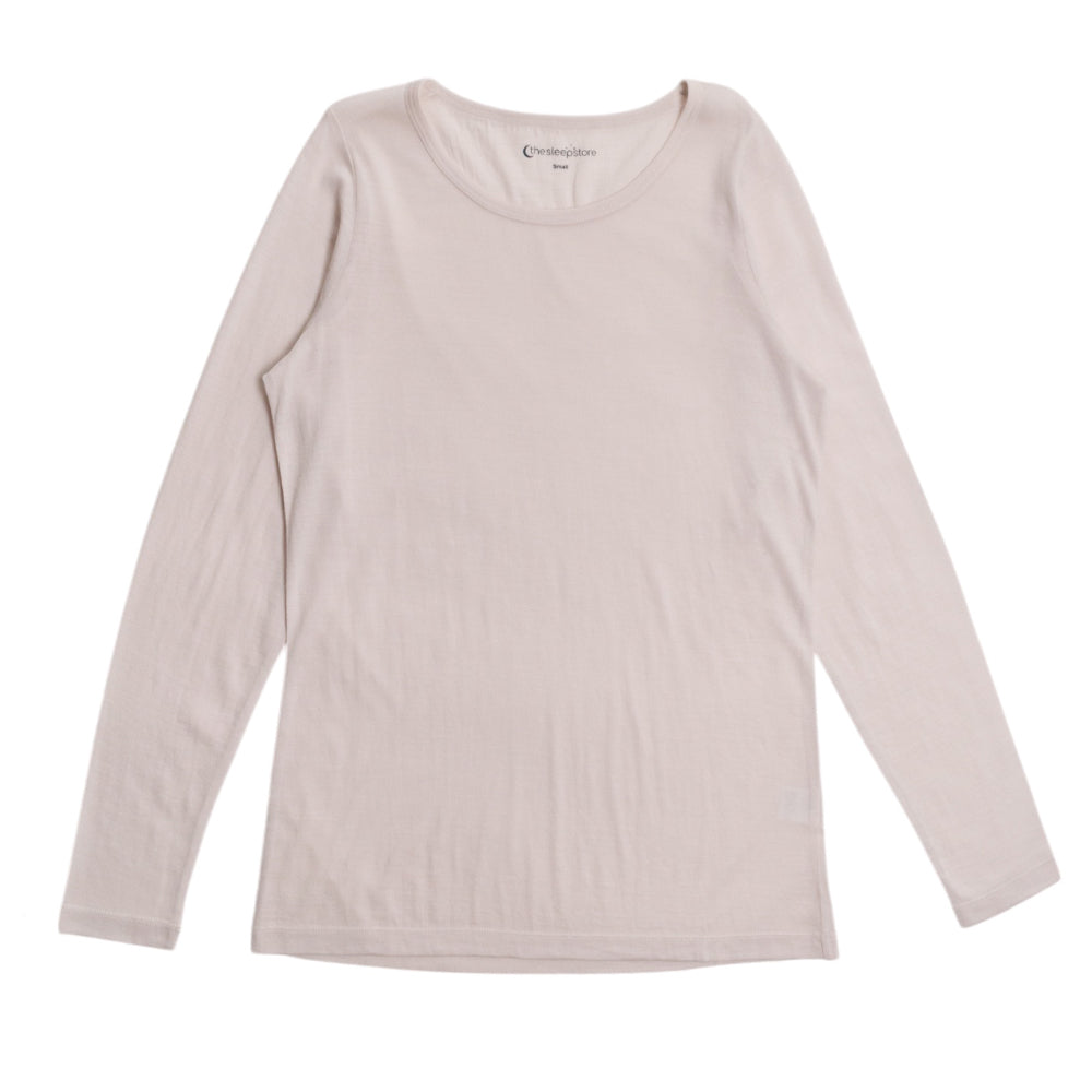 A white long-sleeve crewneck shirt, laid flat against a white background.
