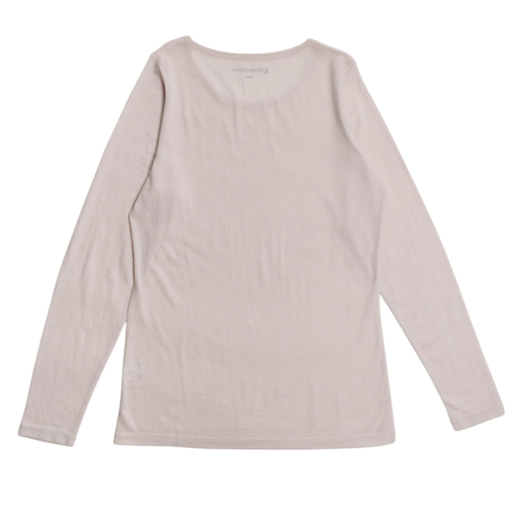 A white long-sleeve crewneck top laid flat against a white background.