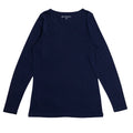 A dark navy blue long-sleeve crewneck top, laid flat against a solid white background.