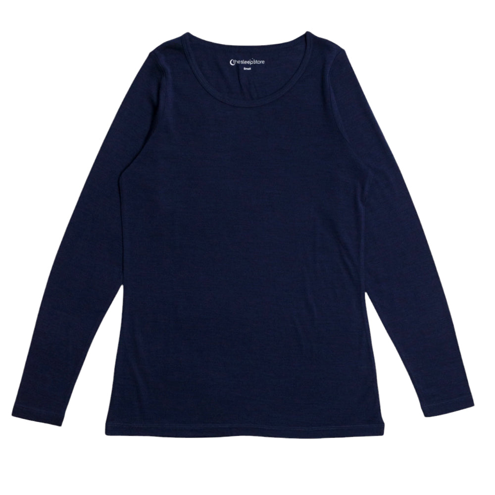 A dark navy blue long-sleeve crewneck top, laid flat against a solid white background.