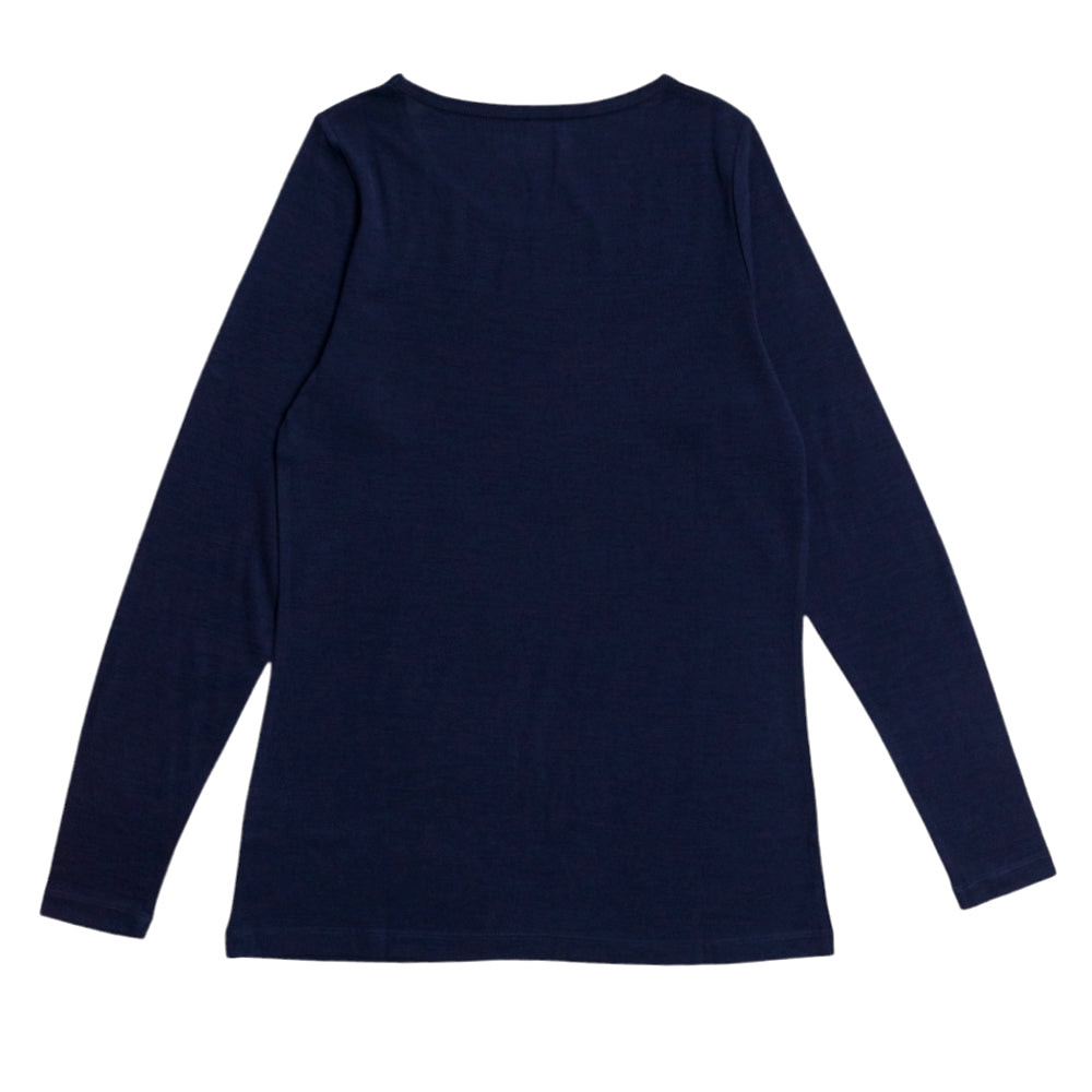 A navy blue long-sleeve top with a wide boat neckline, shown flat against a plain white background.