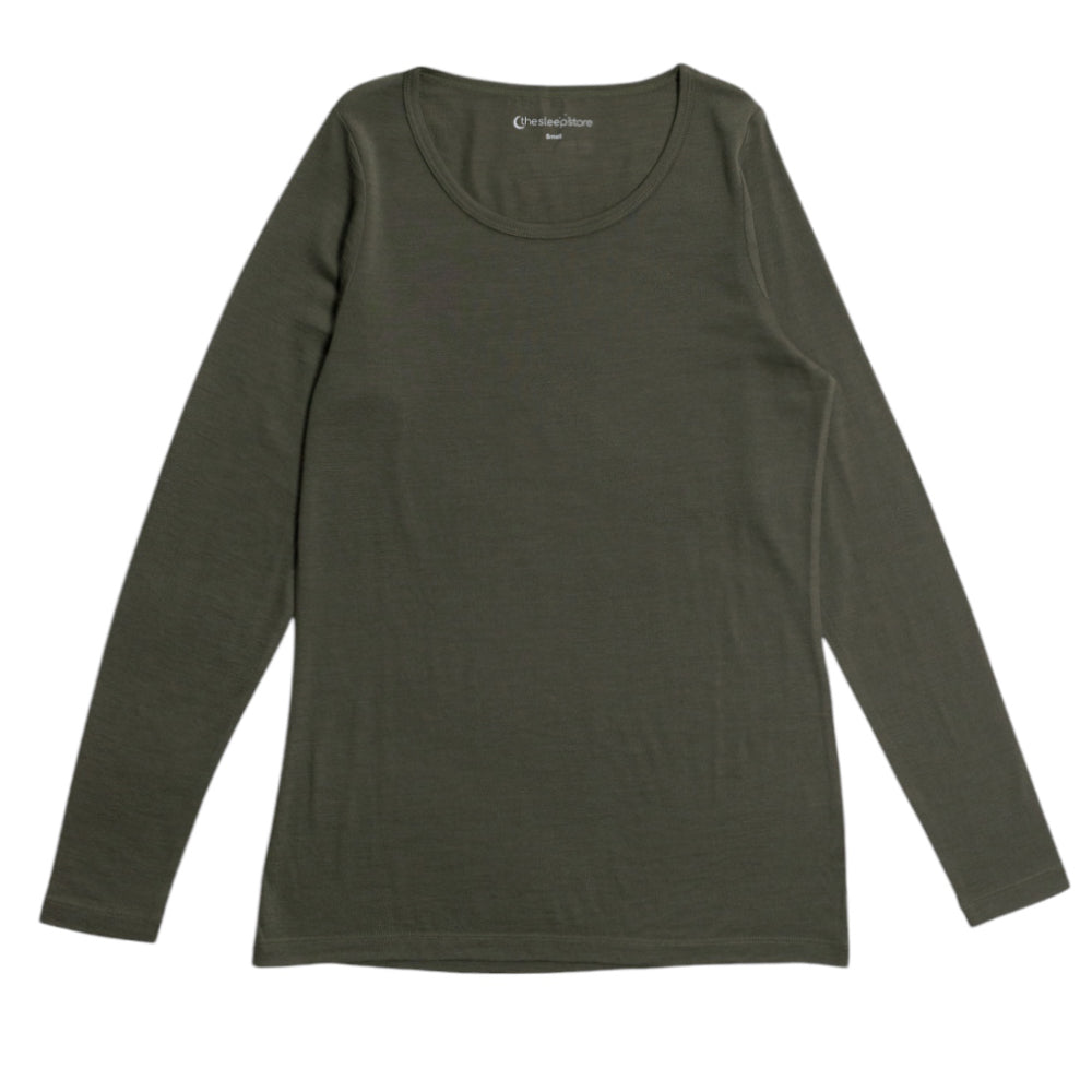 An olive green long-sleeve crewneck shirt laid flat against a white background.