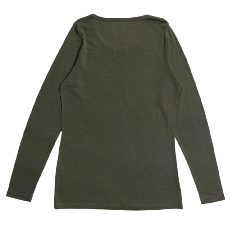 An olive green long-sleeve top shown from the back, laid flat against a solid white background.