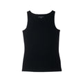 A black sleeveless tank top with a wide scoop neck, laid flat against a solid white background. The brand name The Sleep Store is printed in white near the inner neckline.