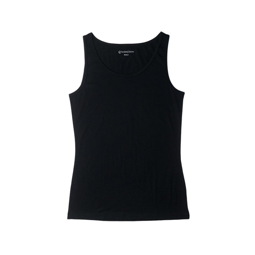 A black sleeveless tank top with a wide scoop neck, laid flat against a solid white background. The brand name The Sleep Store is printed in white near the inner neckline.