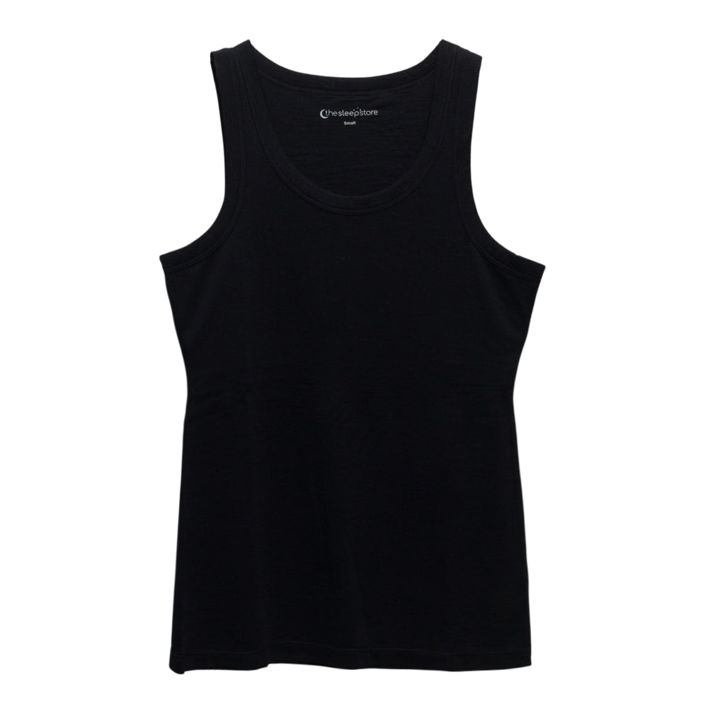A black sleeveless tank top with a crew neck, displayed flat against a plain white background. The brand name The Sleep Store is printed in white on the inside of the collar.