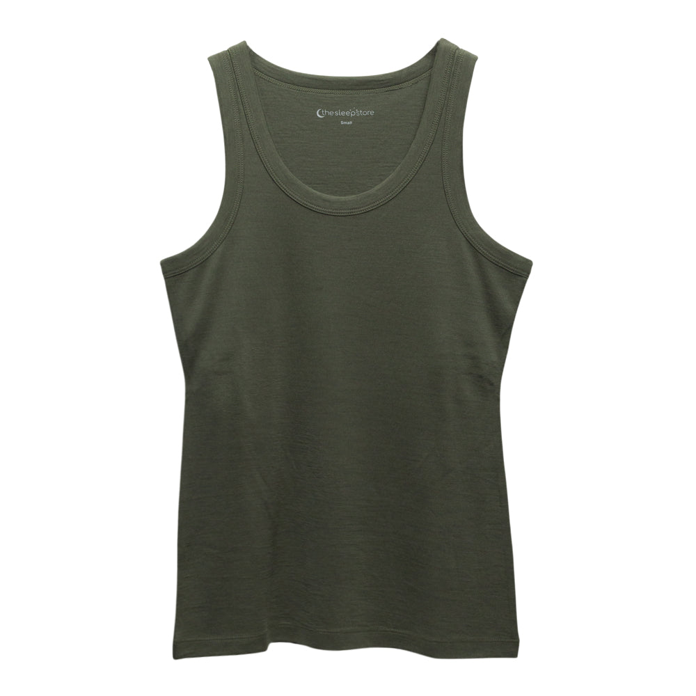 An olive green sleeveless tank top laid flat against a solid white background, with a small white printed logo on the inside of the neckline.