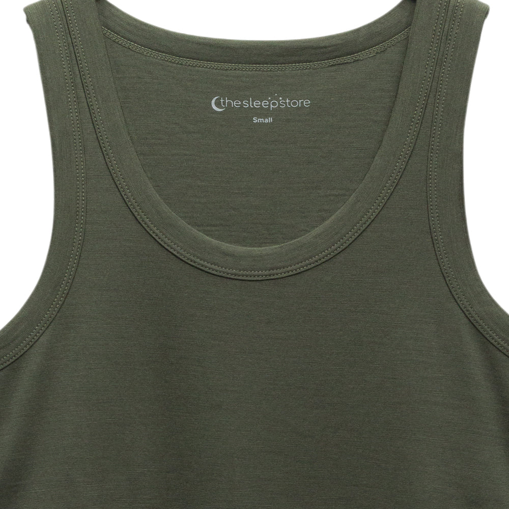 Close-up of an olive green tank top showing the inner neckline 