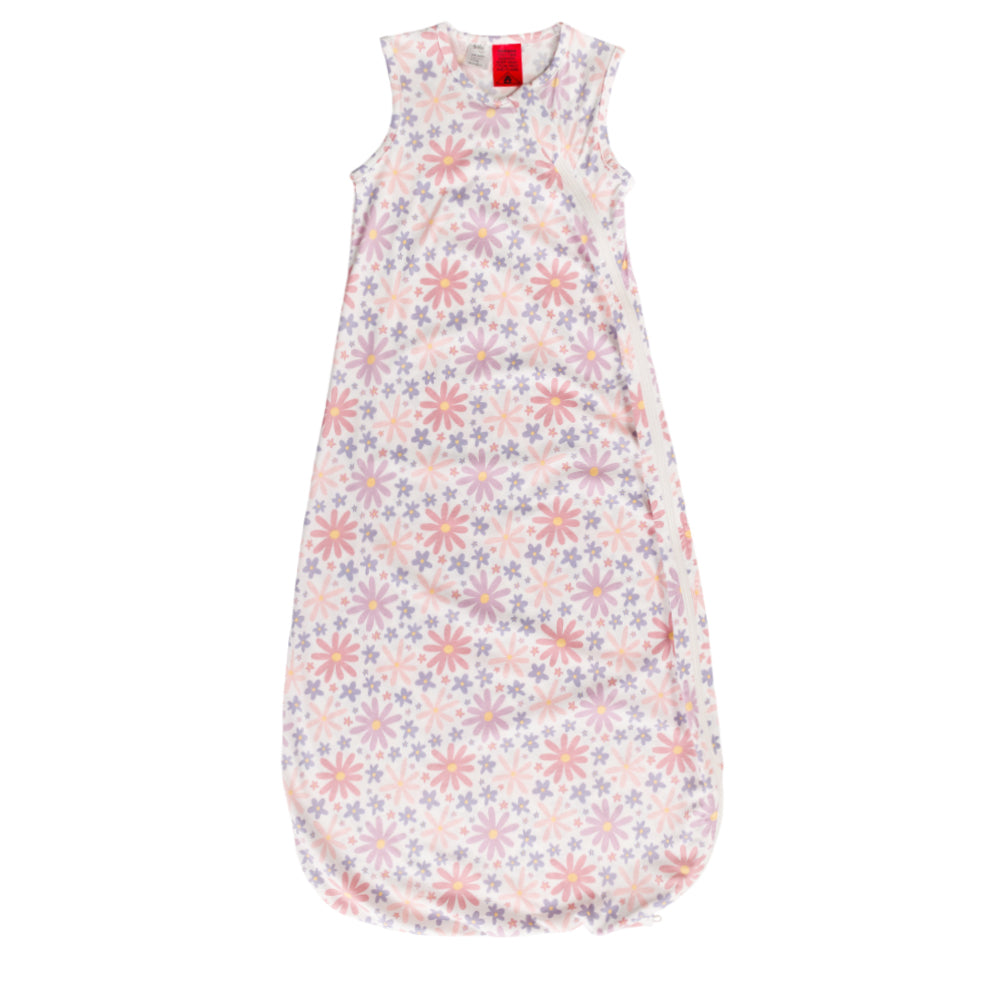 A sleeveless cotton baby sleep sack with a repeating floral pattern in pink, purple, and orange on a white background, shown flat against a white background.