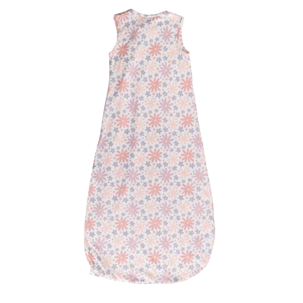 A sleeveless baby sleep sack with a repeating floral pattern in pink, orange, and purple on a white background, shown flat against a white backdrop.