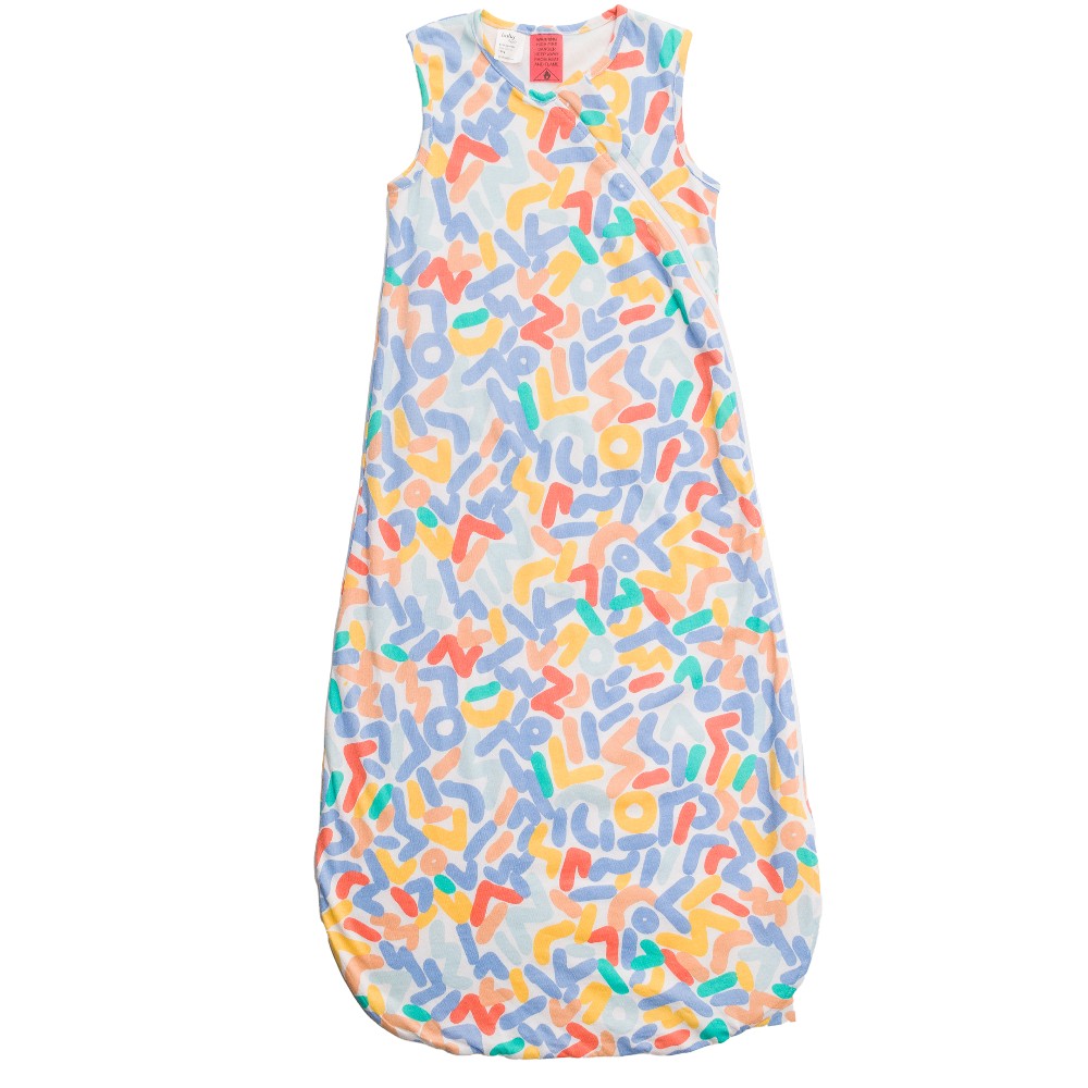 A sleeveless sleep sack with a colorful abstract graffiti-style pattern on a white background, shown flat against a white studio backdrop.