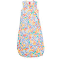 A sleeveless sleep sack with an all-over colorful abstract graffiti-style pattern on a white background.