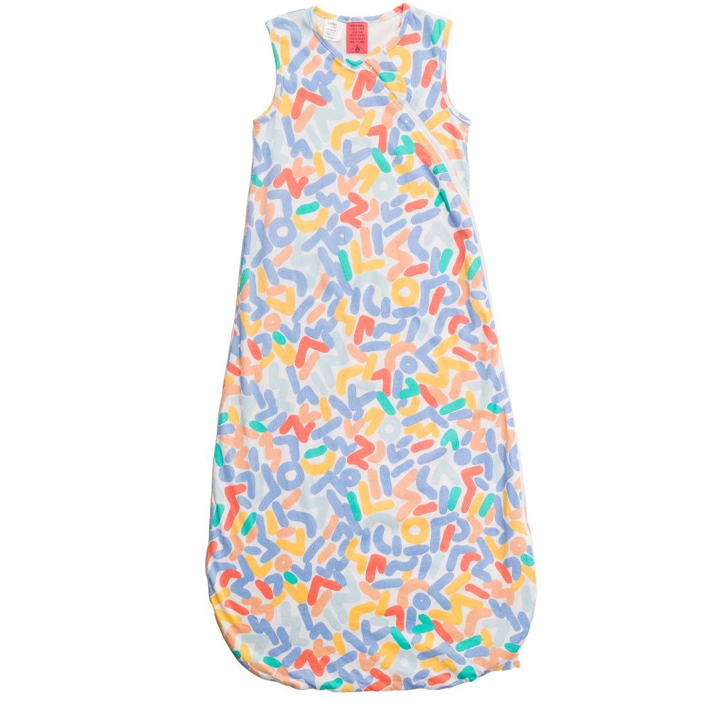 A sleeveless sleep sack with an all-over colorful abstract graffiti-style pattern on a white background.