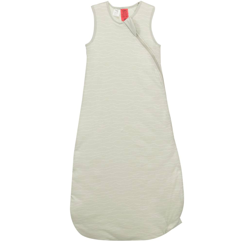 A sleeveless sleep sack in a light sage green color with a subtle horizontal textured stripe pattern, shown flat against a white background.