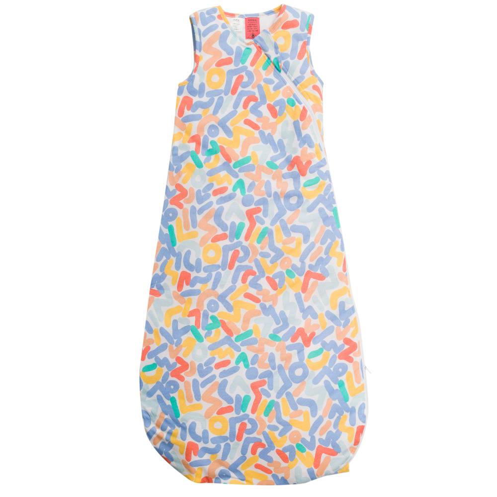 A sleeveless cotton and polyester fill sleeping bag with a colorful abstract doodle pattern on a white background, shown flat against a white studio backdrop.