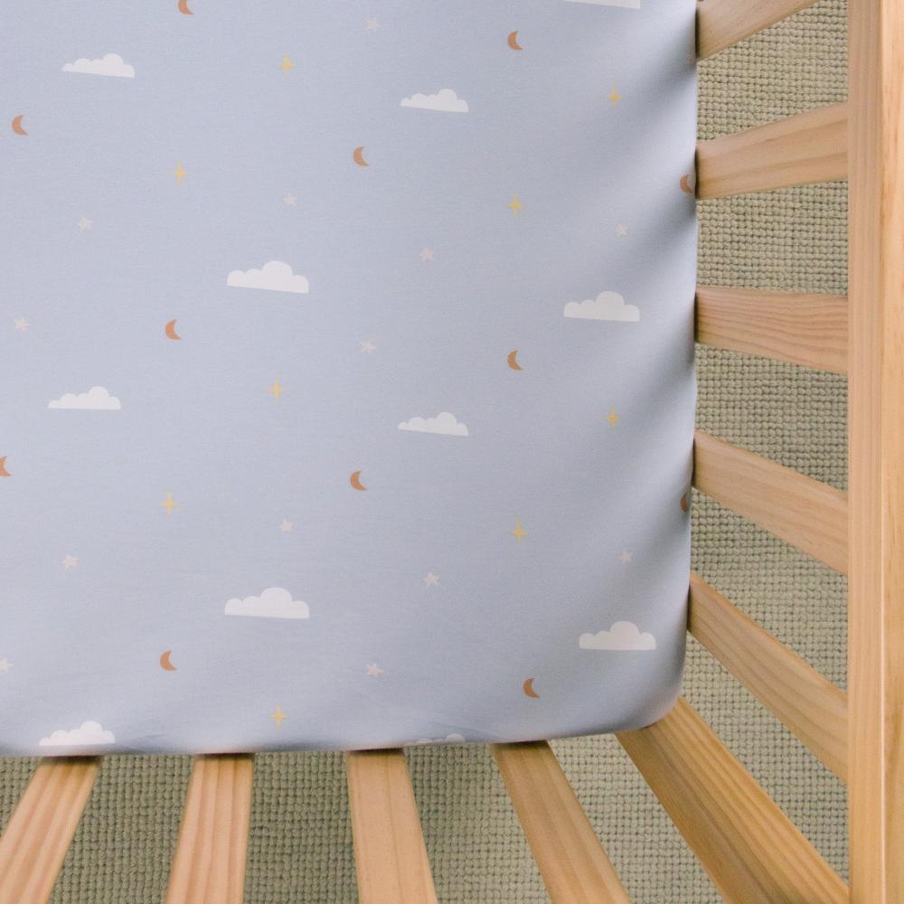 Blue Sky patterned fitted sheet on white background