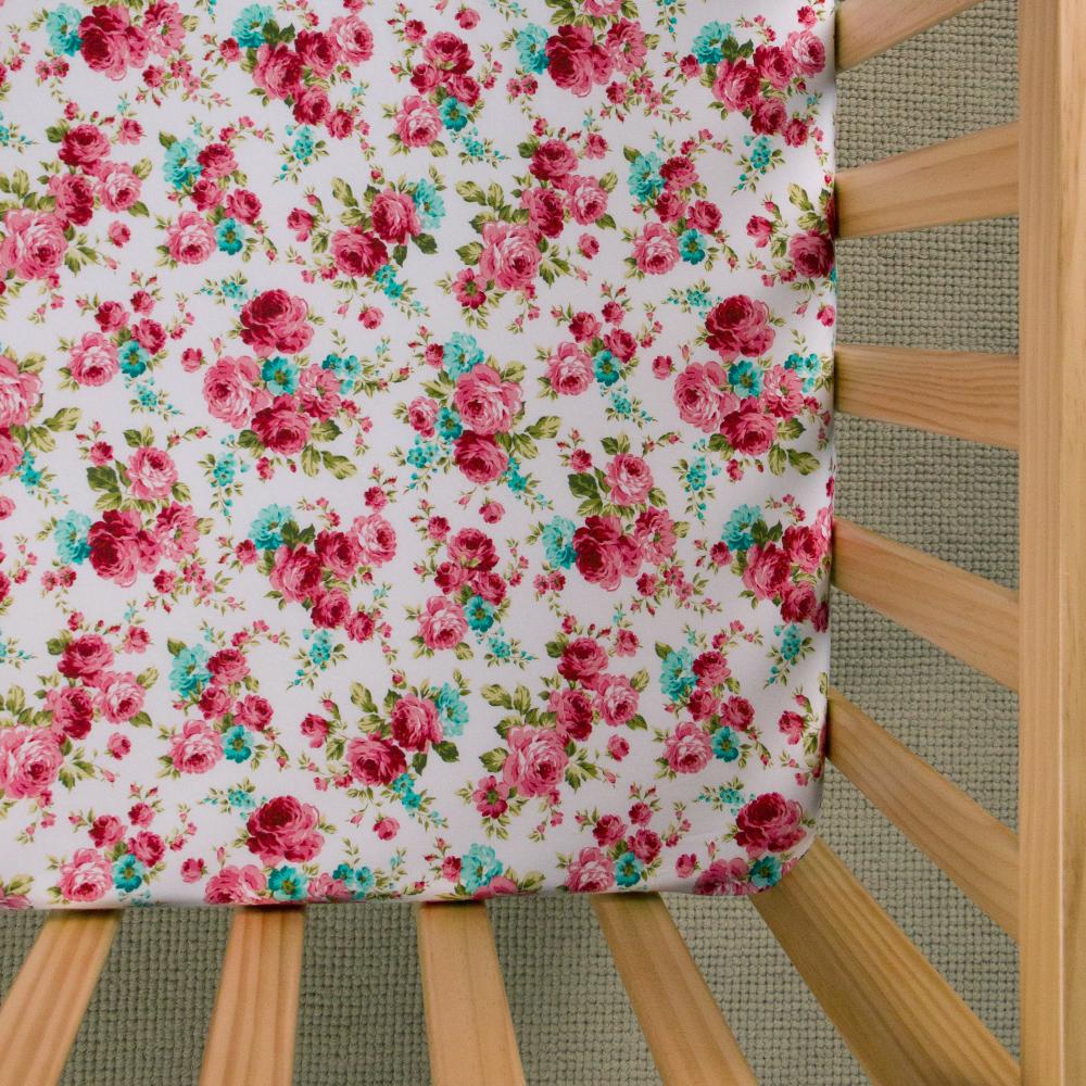 Pink Floral fitted sheet on white background