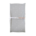 Grey baby change pad cover with small star print on a light gray background