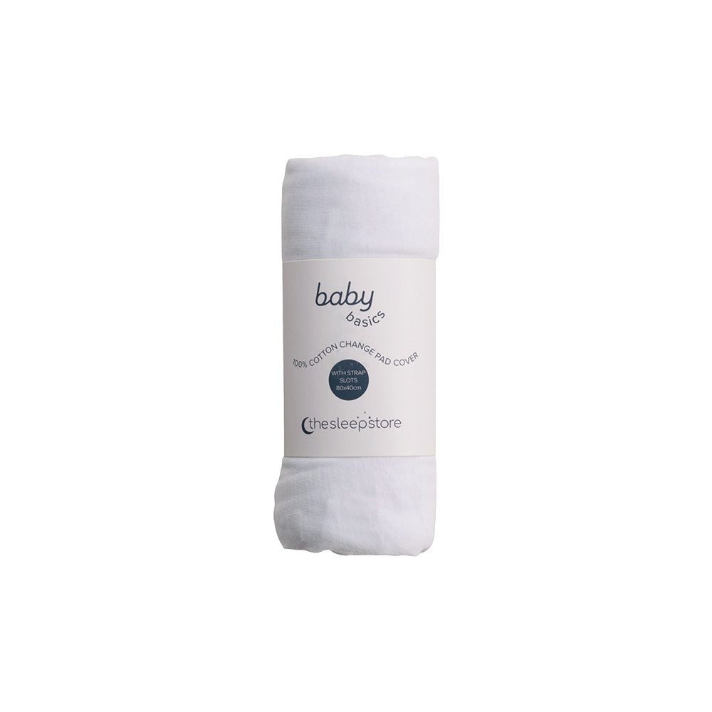 White baby change pad cover with 'baby basics' branding on a white background