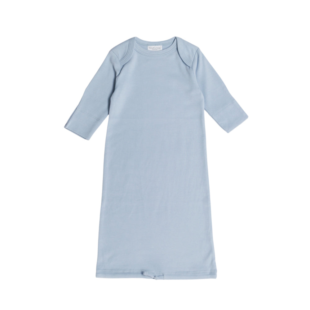 Light blue organic cotton baby gown on a white background