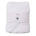 A folded white baby hooded bath towel wrapped in a light paper band with the brand name 'thesleepstore' visible, set against a plain white background.
