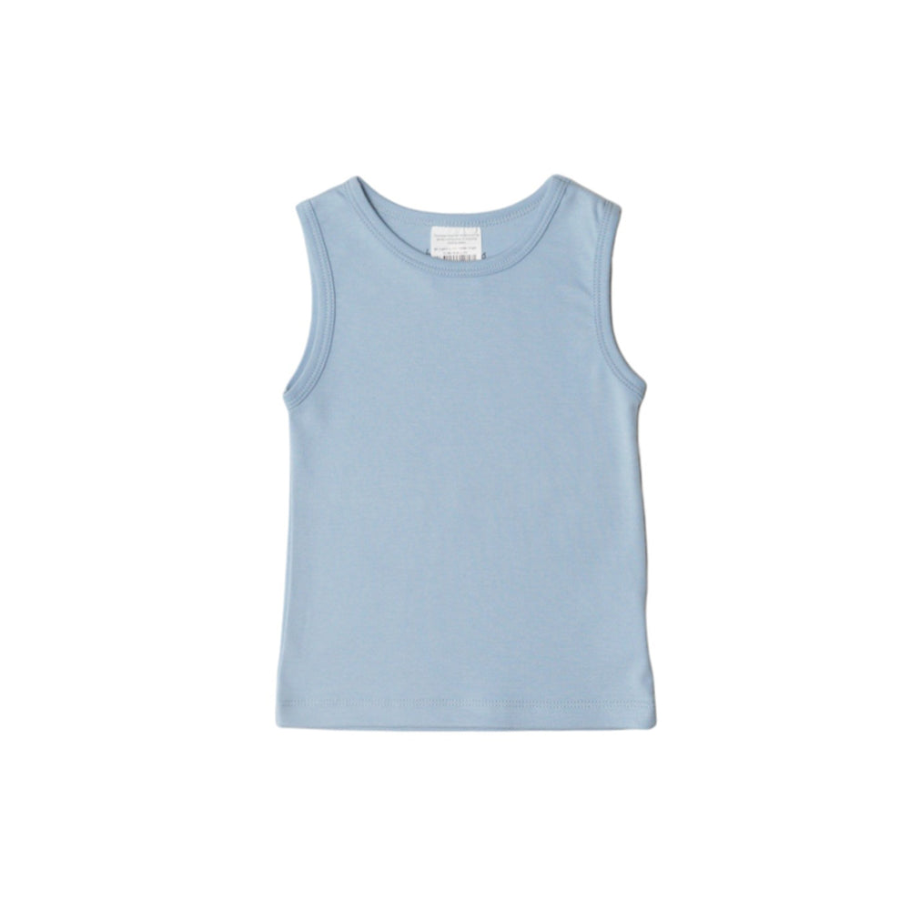 Light blue organic cotton singlet on a white background