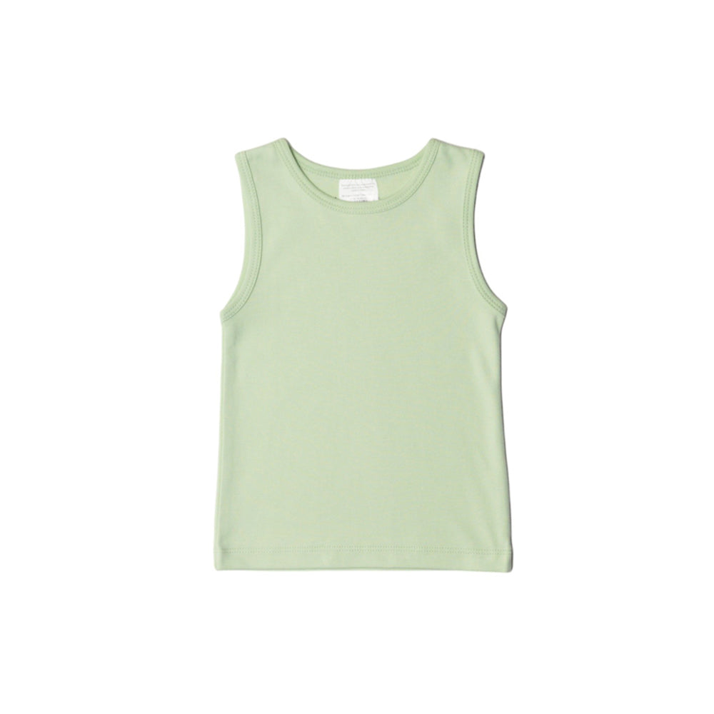 Light green organic cotton singlet tank top on a white background