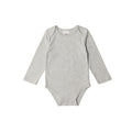 Gray organic cotton baby bodysuit with long sleeves on a white background