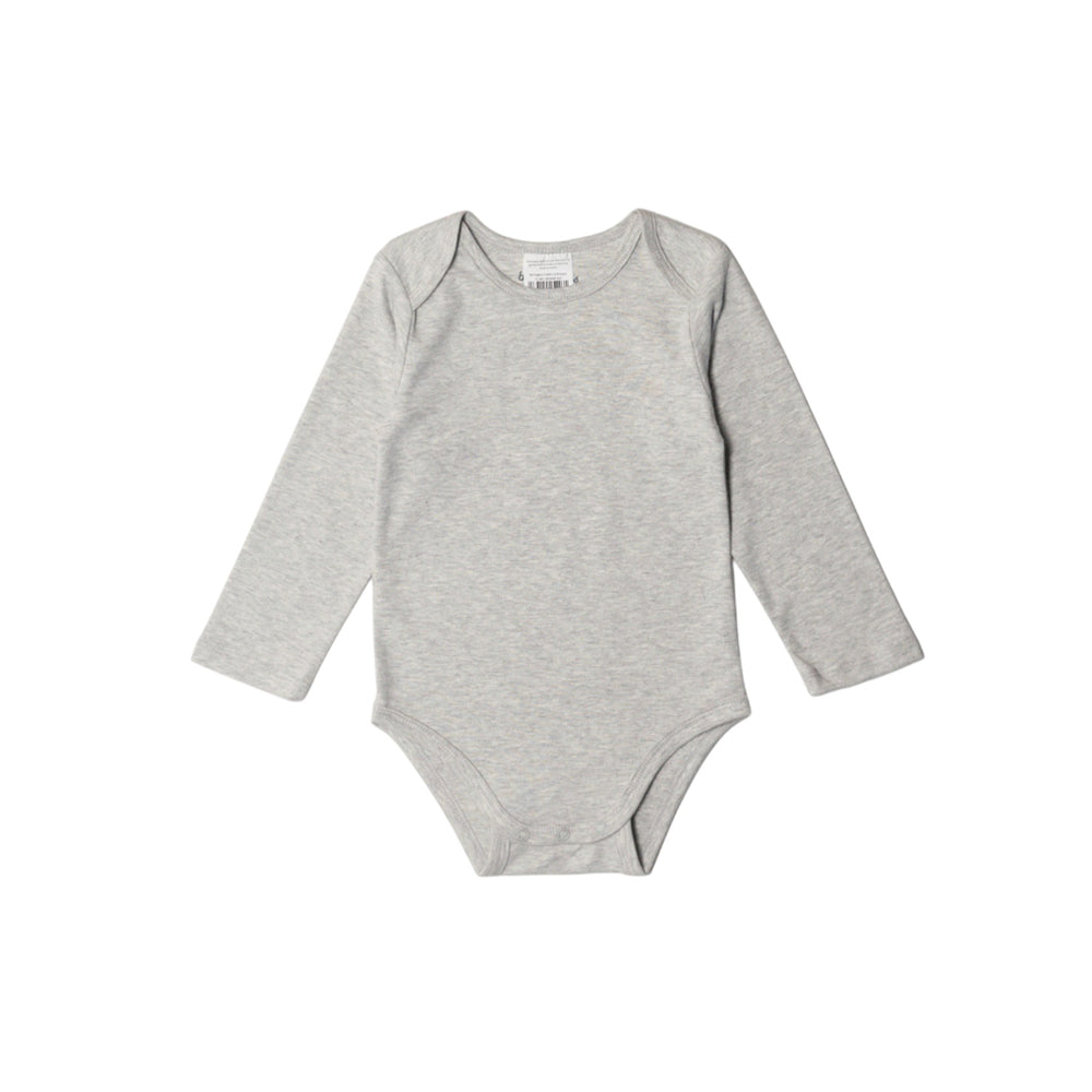 Gray organic cotton baby bodysuit with long sleeves on a white background