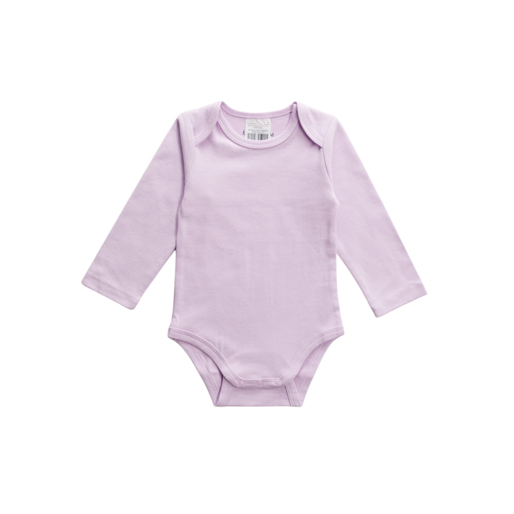 Purple organic cotton baby bodysuit with long sleeves on a white background