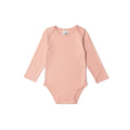 Pink organic cotton baby bodysuit with long sleeves on a white background