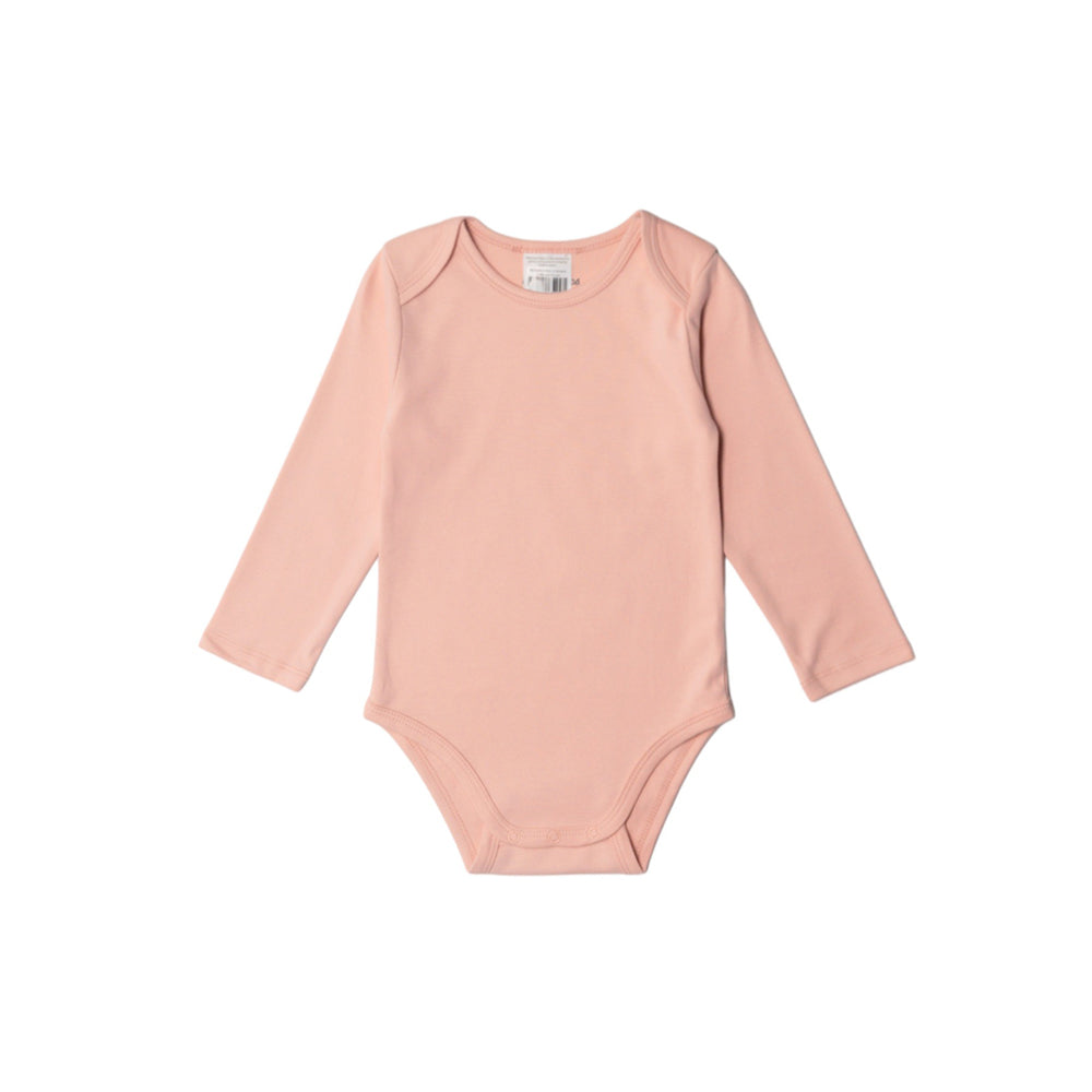 Pink organic cotton baby bodysuit with long sleeves on a white background