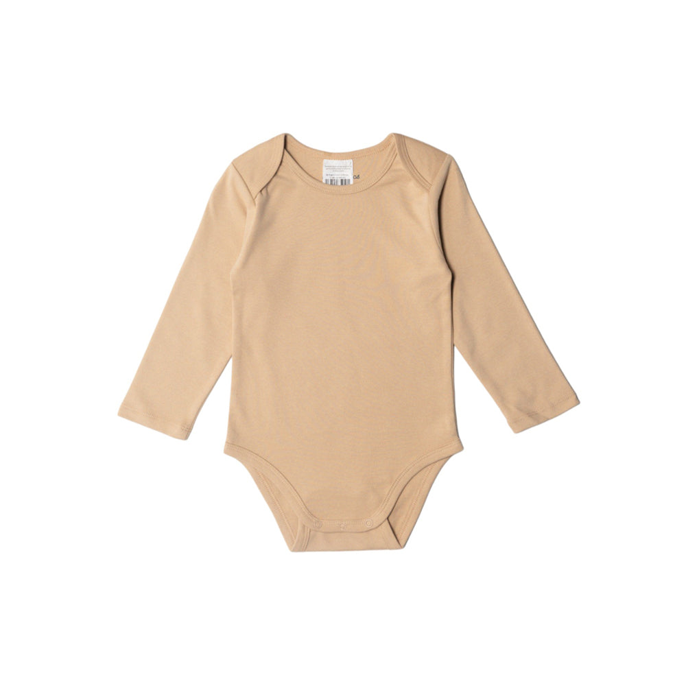 Beige organic cotton baby bodysuit with long sleeves on a white background