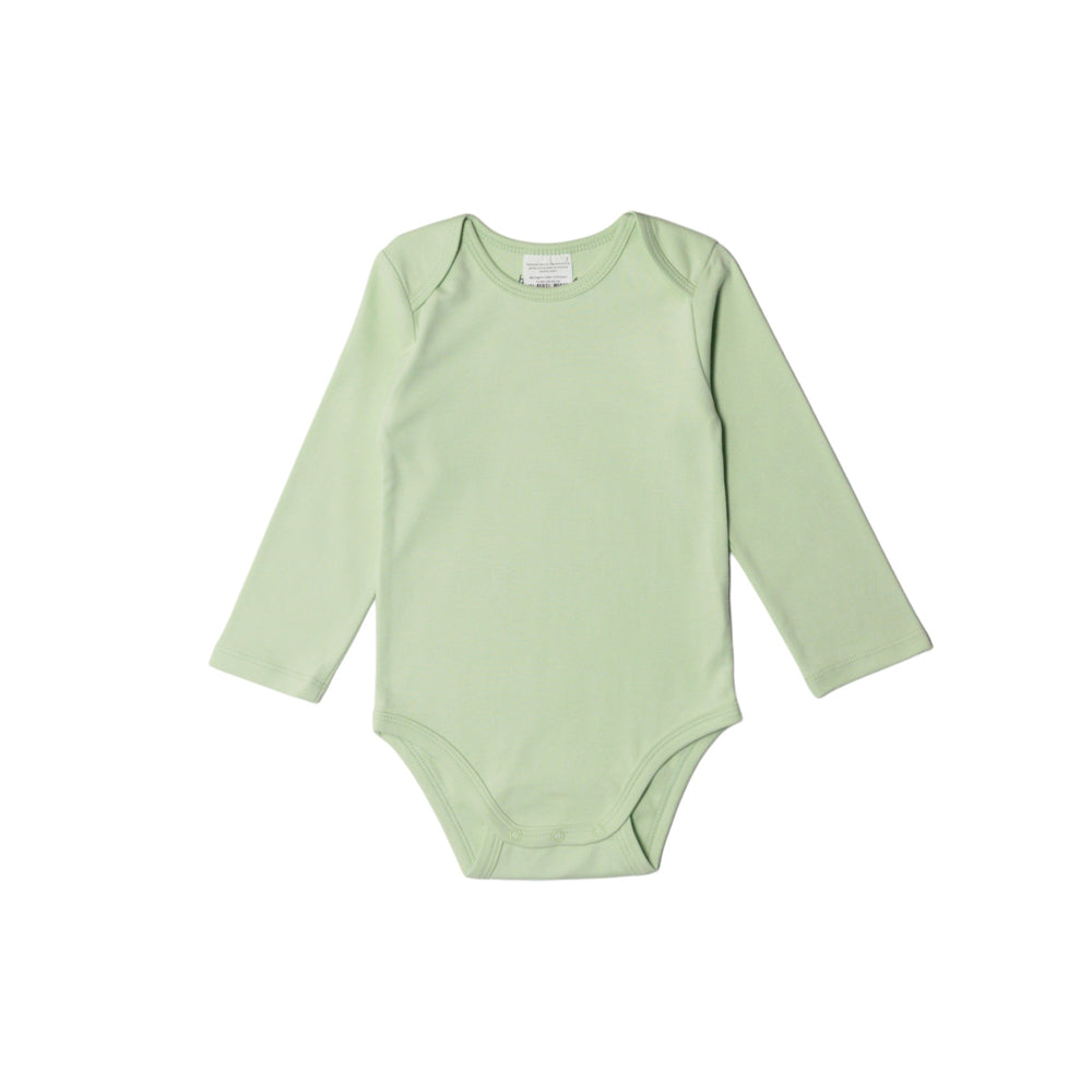 Light green organic cotton baby bodysuit with long sleeves on a white background