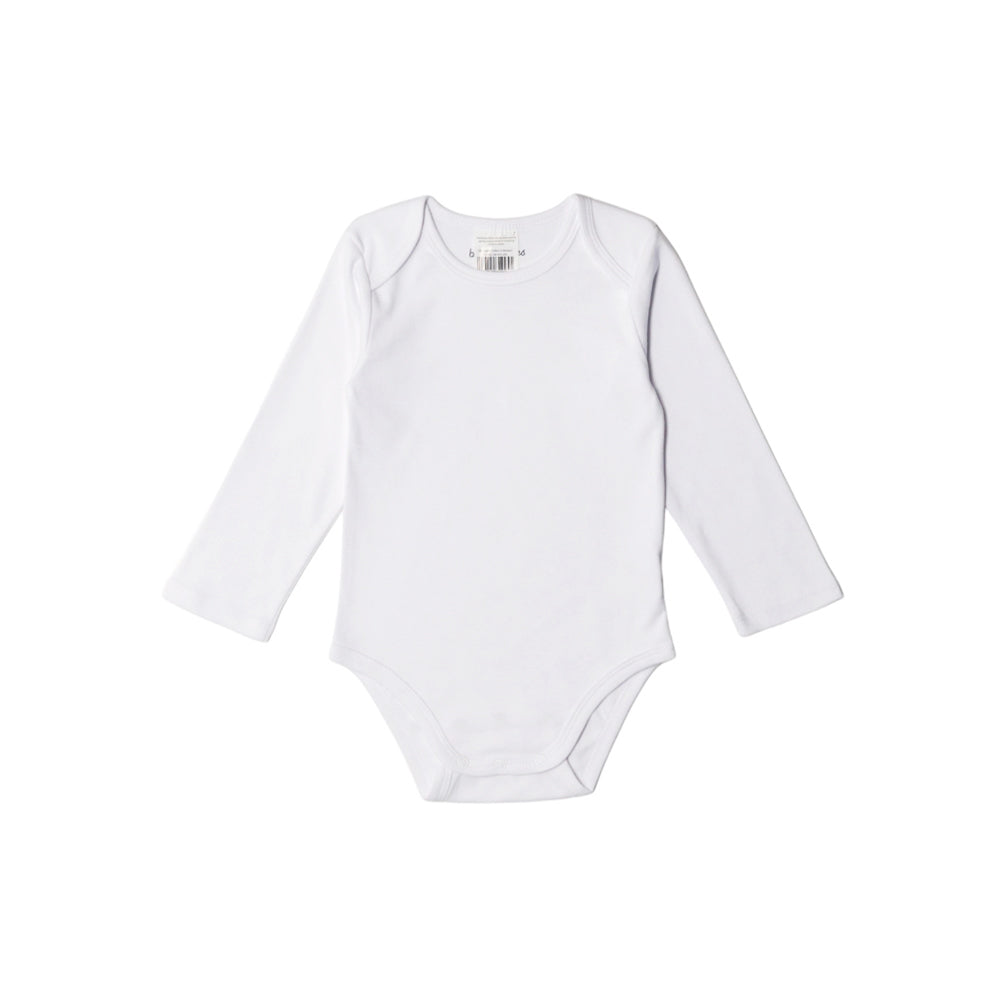 White organic cotton long-sleeve bodysuit on a white background