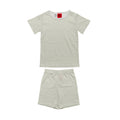 A two-piece children's pyjama set consisting of a short-sleeve t-shirt and matching shorts in a light sage green color with a fine horizontal wavy stripe pattern, displayed on a solid white background.