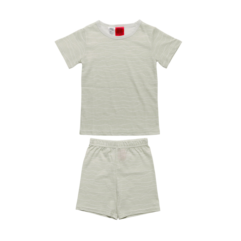 A two-piece children's pyjama set consisting of a short-sleeve t-shirt and matching shorts in a light sage green color with a fine horizontal wavy stripe pattern, displayed on a solid white background.