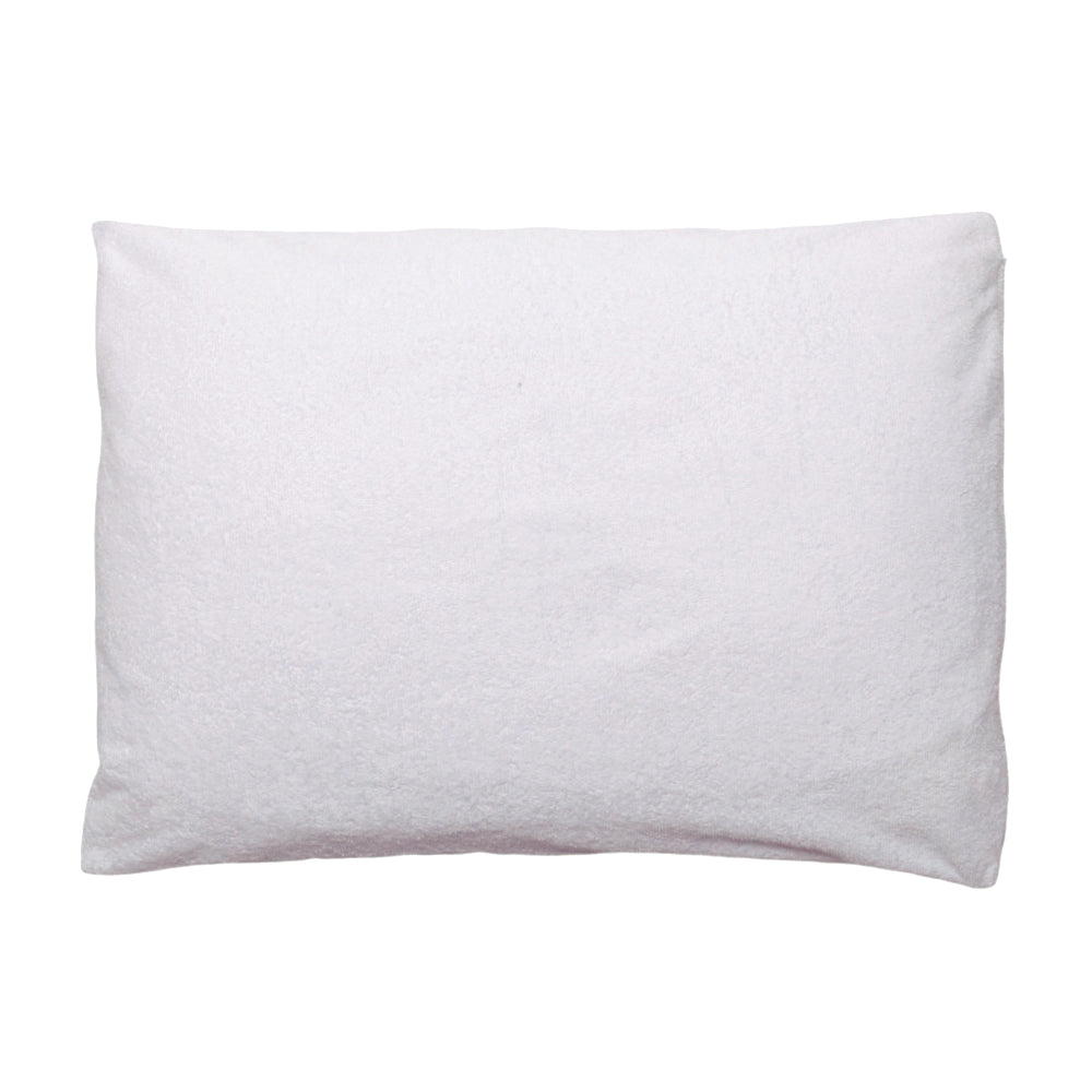 White pillow with terry pillow protector on a white background