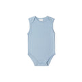 Light blue organic cotton sleeveless baby bodysuit on a white background