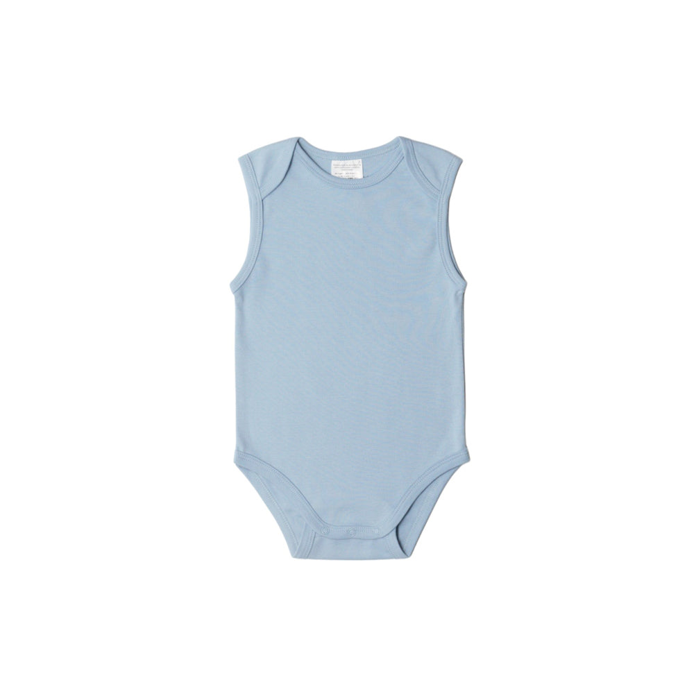 Light blue organic cotton sleeveless baby bodysuit on a white background