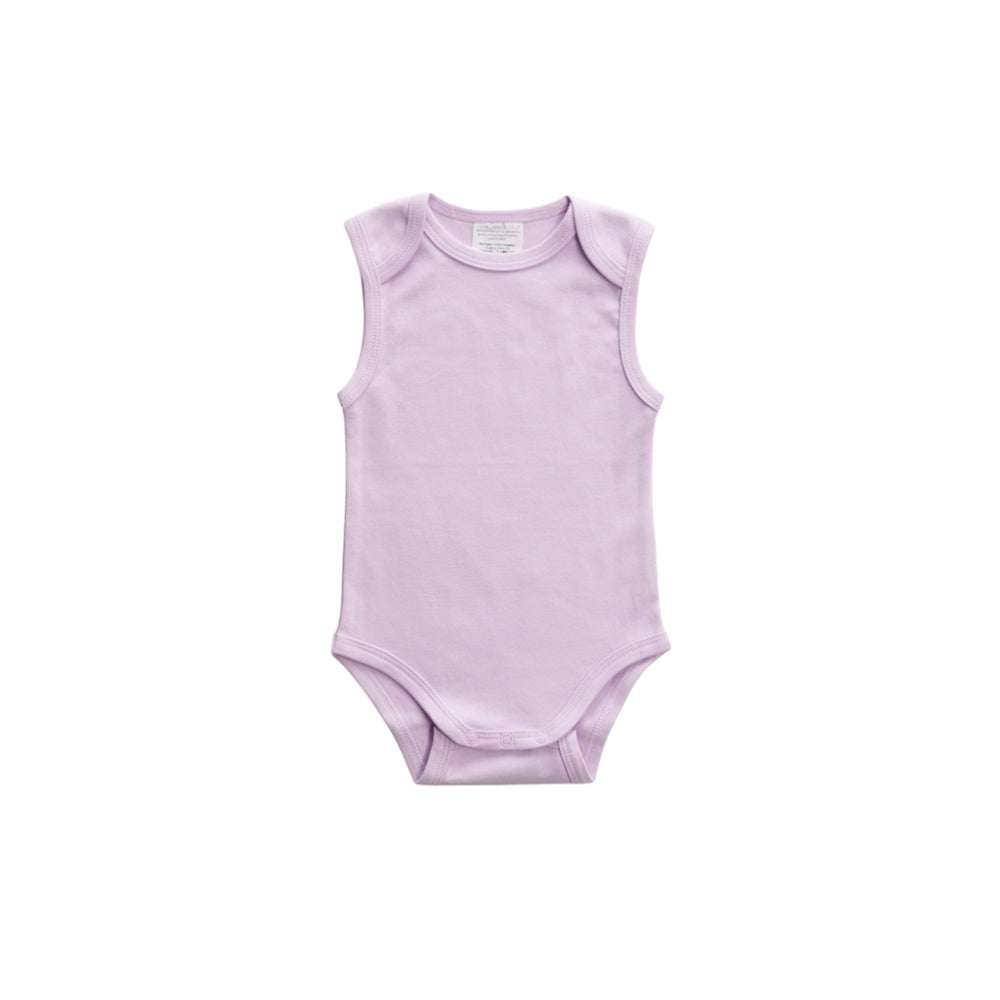 Purple organic cotton baby singlet bodysuit on a white background