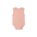 Pink organic cotton sleeveless bodysuit on a white background