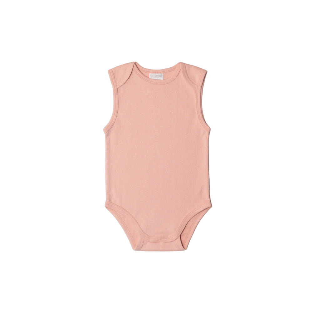 Pink organic cotton sleeveless bodysuit on a white background