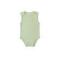 Light green organic cotton sleeveless baby bodysuit on a white background