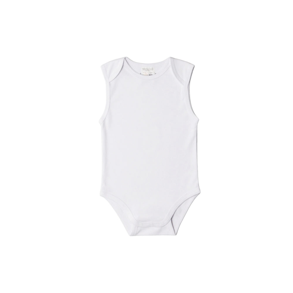 White organic cotton sleeveless bodysuit on a white background