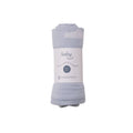 Blue baby swaddle blanket with a label on a white background