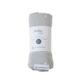 Gray baby blanket with 'baby basics' label on a white background
