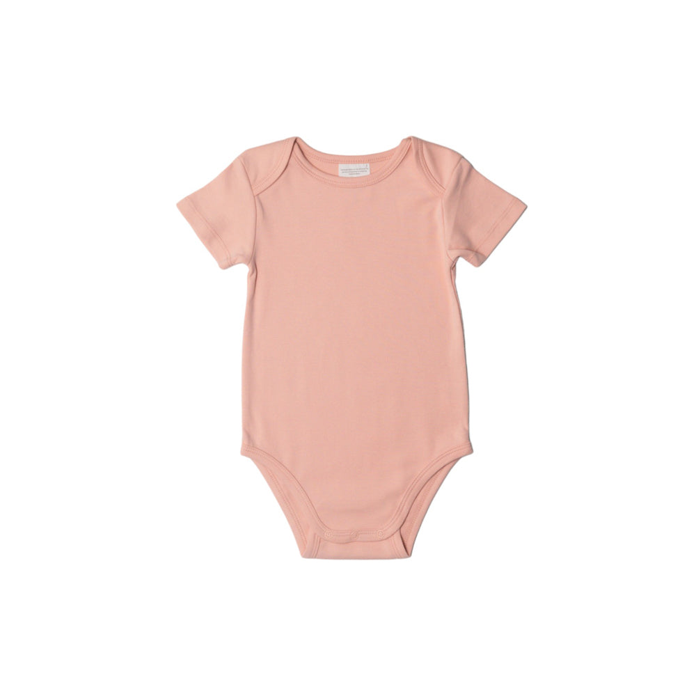 Pink baby organic cotton shortsleeve bodysuit on a white background