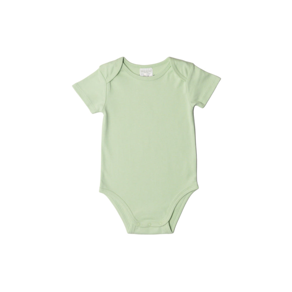 Light green organic cotton short sleeve  baby bodysuit on a white background