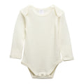 A cream long-sleeve baby bodysuit with three snap buttons at the crotch, shown flat on a white background.